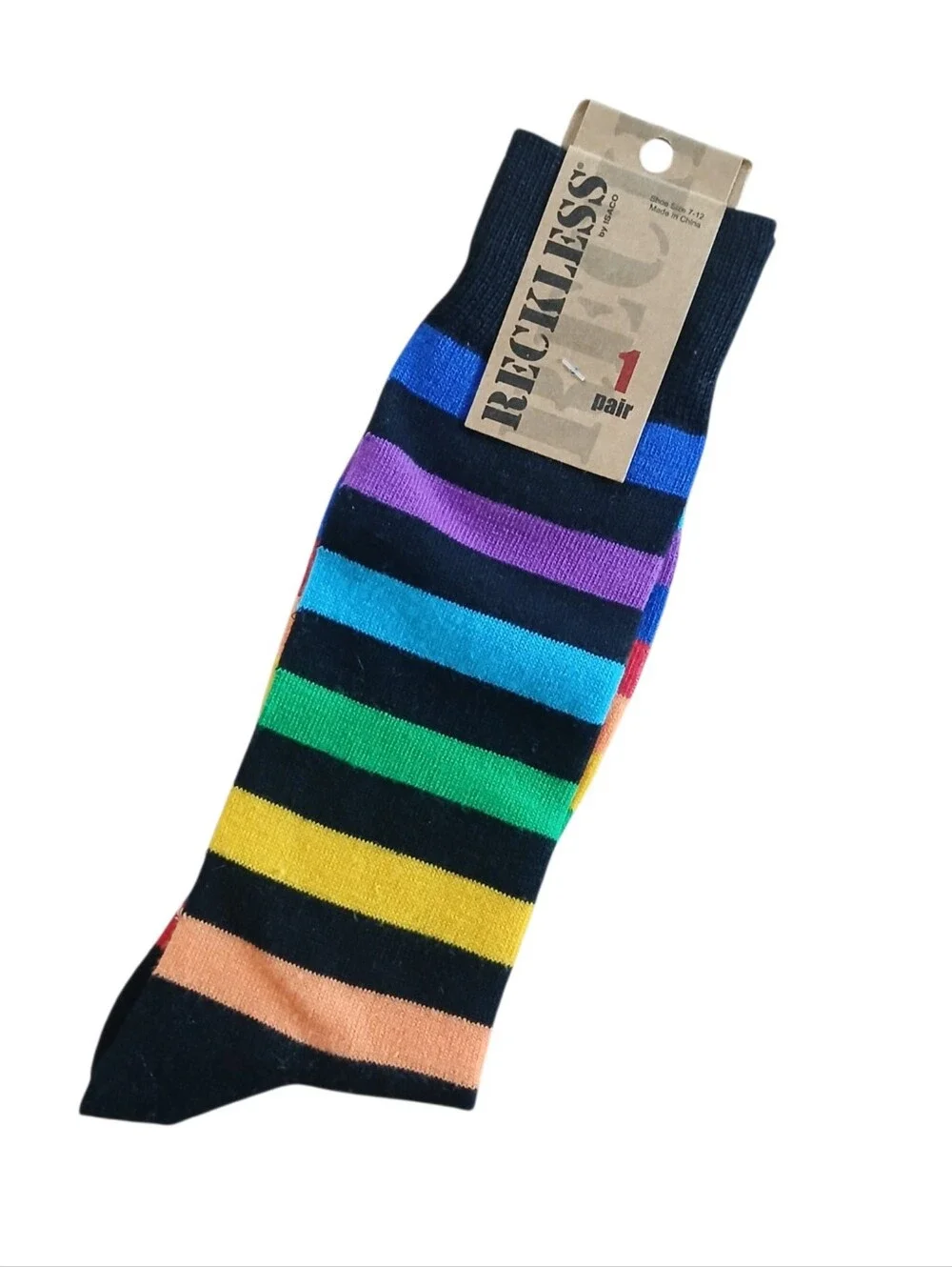 Reckless Striped Socks Black Rainbow Stripes Horizontal Knit Blend Size-7-12